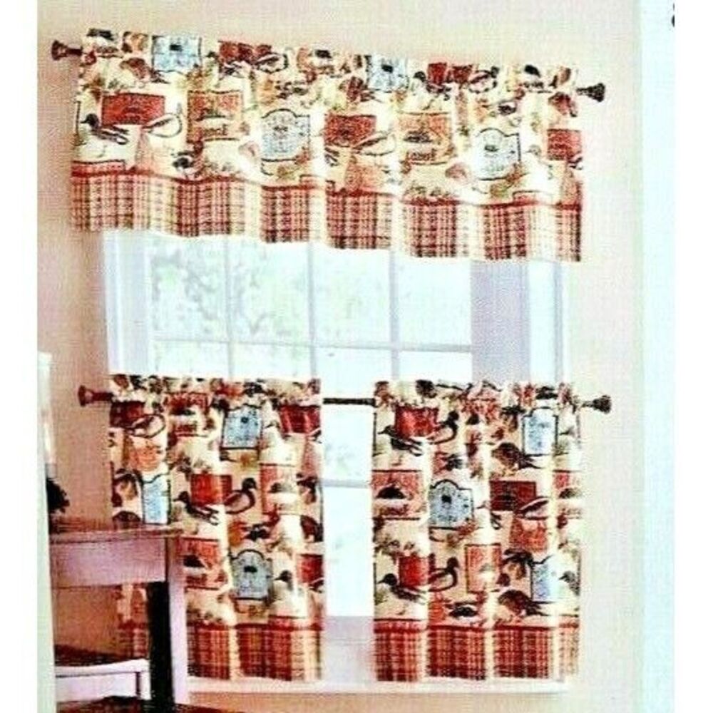 Pine Lake Fishing Lodge Kitchen Curtain 3-pc Vallance Tiers Retro Cabin Home